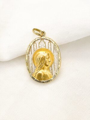 Médaille ancienne de la Vierge auréolée, or et nacre